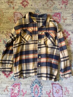 Women’s Plaid Button-Up Shacket in Beige Navy Orange - Unbranded